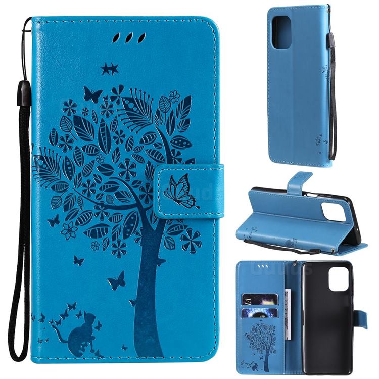 Embossing Butterfly Tree Leather Wallet Case for Motorola Edge S - Blue