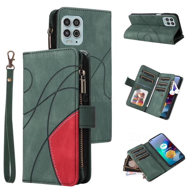 Luxury Two-color Stitching Multi-function Zipper Leather Wallet Case Cover for Motorola Edge S - Green