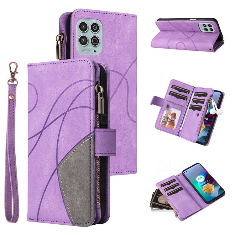 Luxury Two-color Stitching Multi-function Zipper Leather Wallet Case Cover for Motorola Edge S - Purple