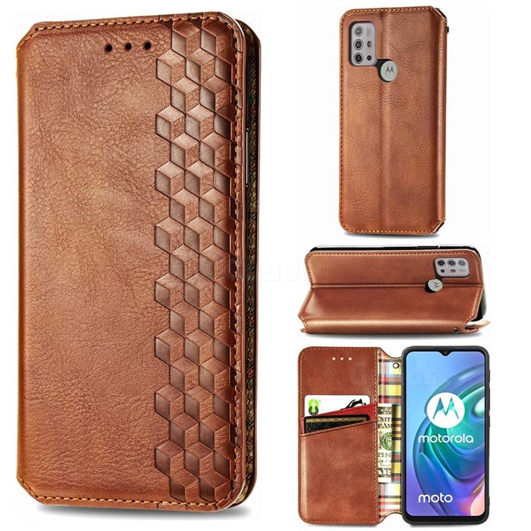 Ultra Slim Fashion Business Card Magnetic Automatic Suction Leather Flip Cover for Motorola Moto G10 - Brown