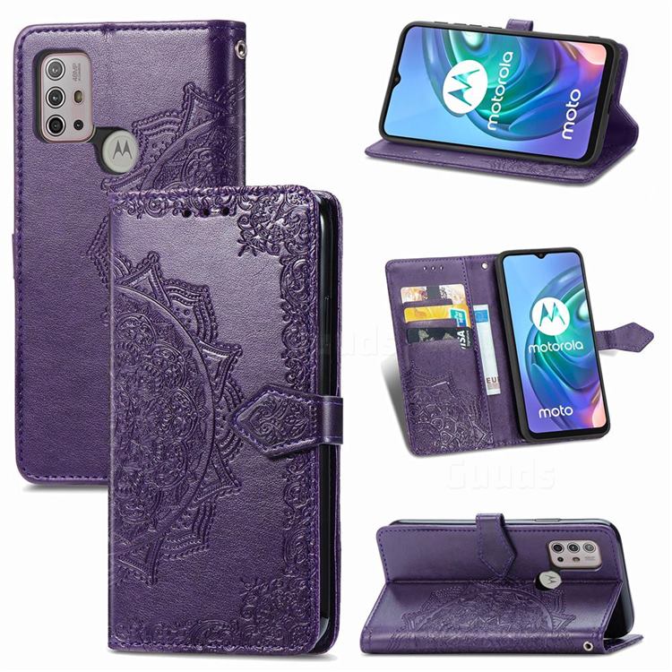 Embossing Imprint Mandala Flower Leather Wallet Case for Motorola Moto G10 - Purple