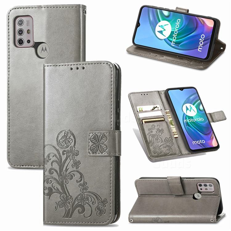 Embossing Imprint Four-Leaf Clover Leather Wallet Case for Motorola Moto G10 - Grey