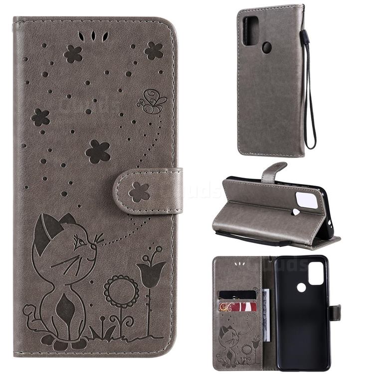 Embossing Bee and Cat Leather Wallet Case for Motorola Moto G10 - Gray