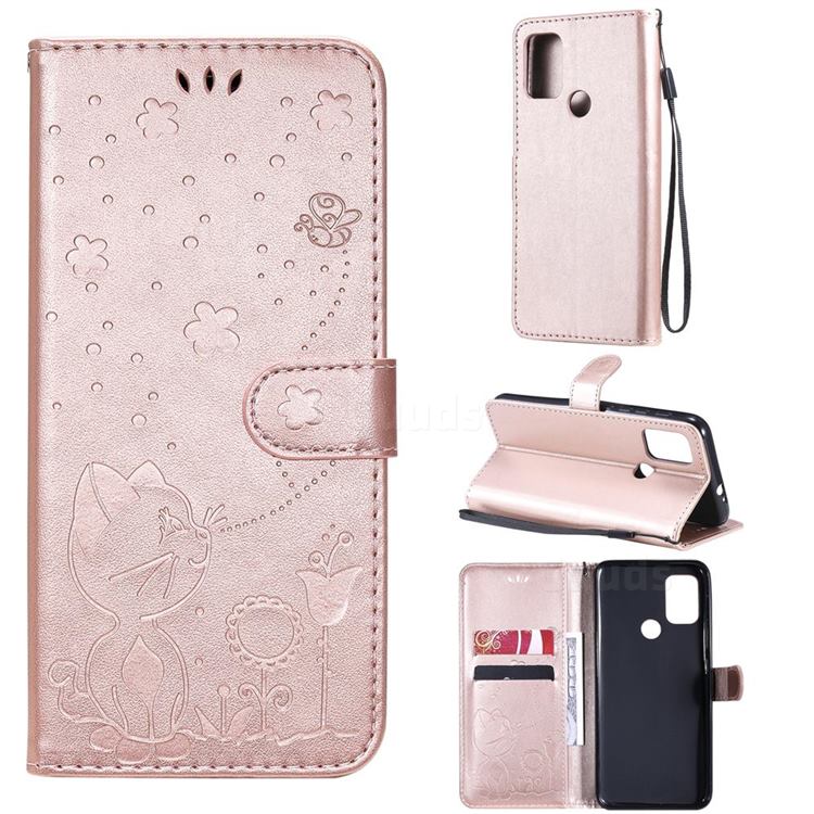 Embossing Bee and Cat Leather Wallet Case for Motorola Moto G10 - Rose Gold