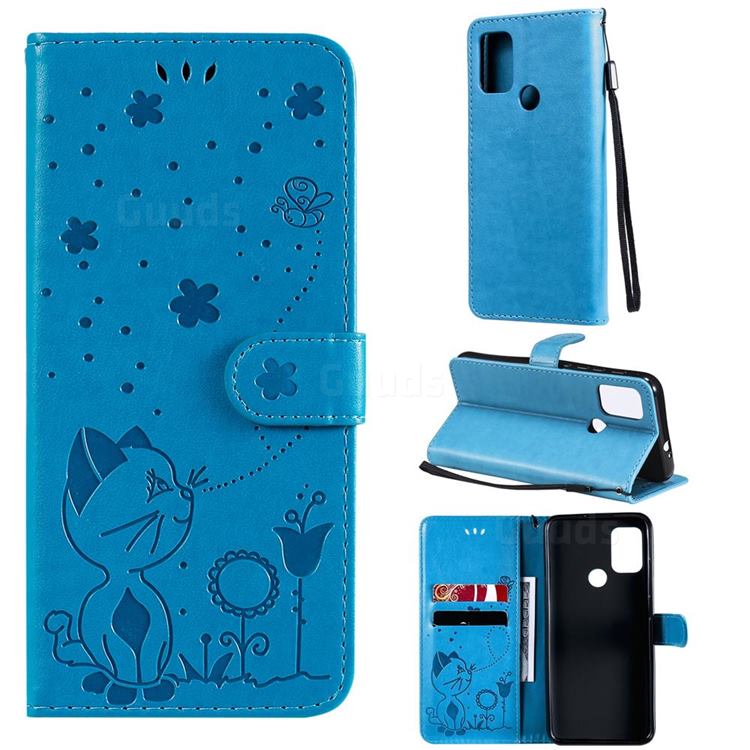 Embossing Bee and Cat Leather Wallet Case for Motorola Moto G10 - Blue
