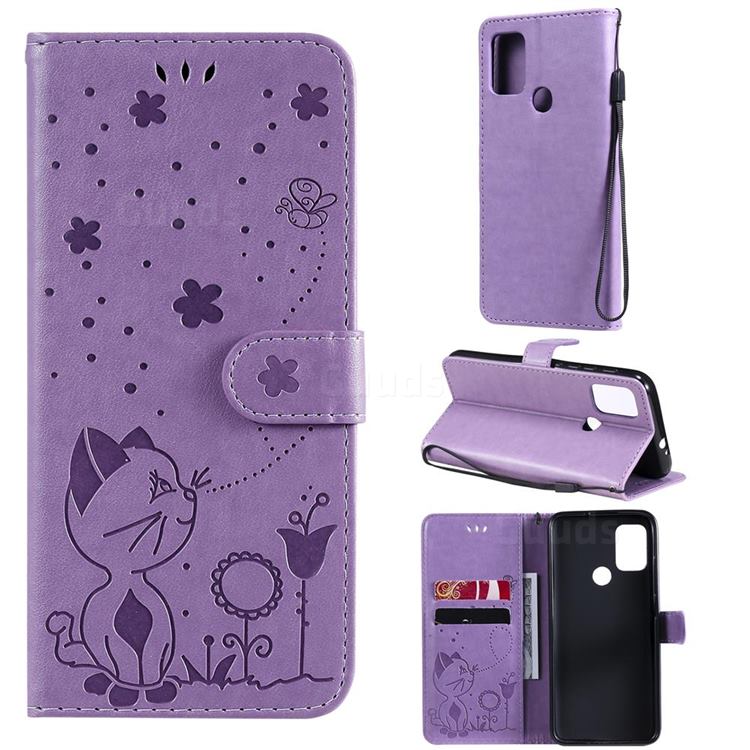 Embossing Bee and Cat Leather Wallet Case for Motorola Moto G10 - Purple