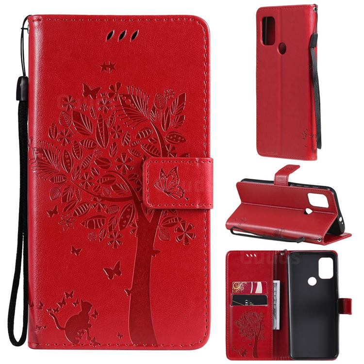 Embossing Butterfly Tree Leather Wallet Case for Motorola Moto G10 - Red