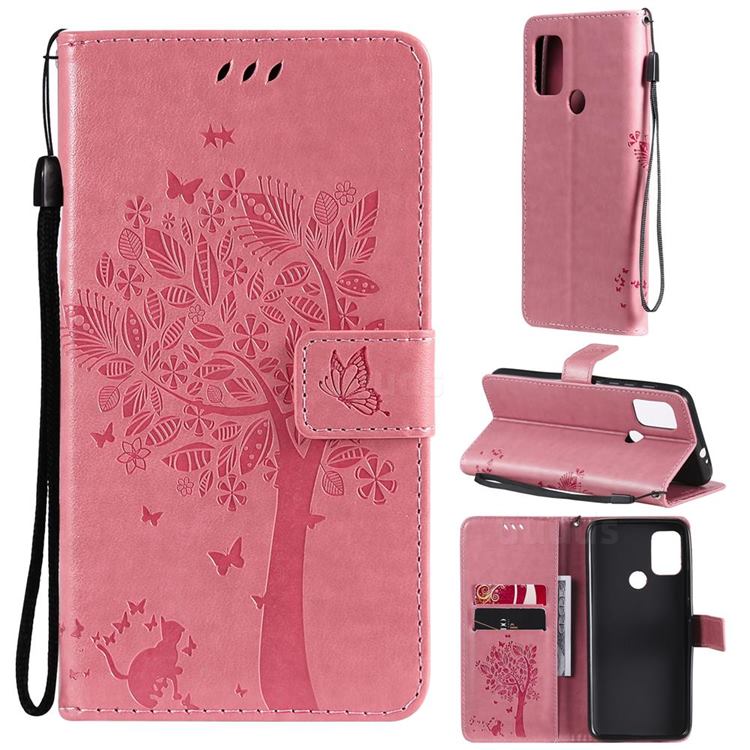 Embossing Butterfly Tree Leather Wallet Case for Motorola Moto G10 - Pink