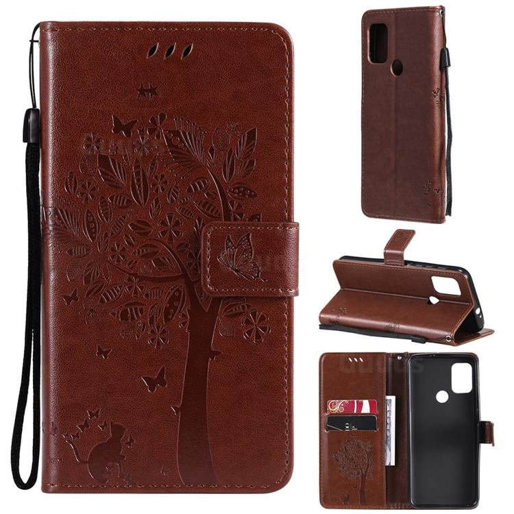 Embossing Butterfly Tree Leather Wallet Case for Motorola Moto G10 - Coffee
