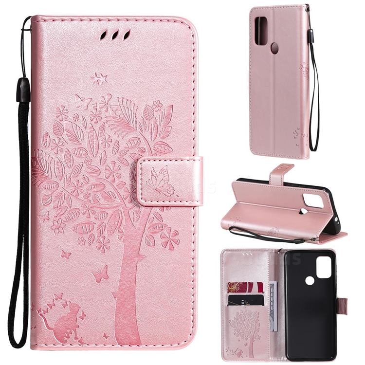 Embossing Butterfly Tree Leather Wallet Case for Motorola Moto G10 - Rose Pink
