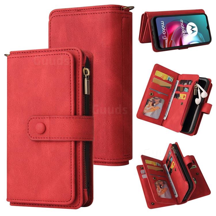Luxury Multi-functional Zipper Wallet Leather Phone Case Cover for Motorola Moto G10 - Red