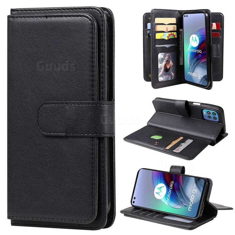 Multi-function Ten Card Slots and Photo Frame PU Leather Wallet Phone Case Cover for Motorola Moto G100 - Black