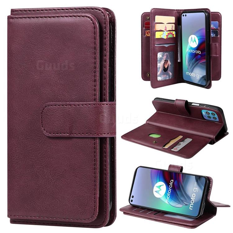 Multi-function Ten Card Slots and Photo Frame PU Leather Wallet Phone Case Cover for Motorola Moto G100 - Claret