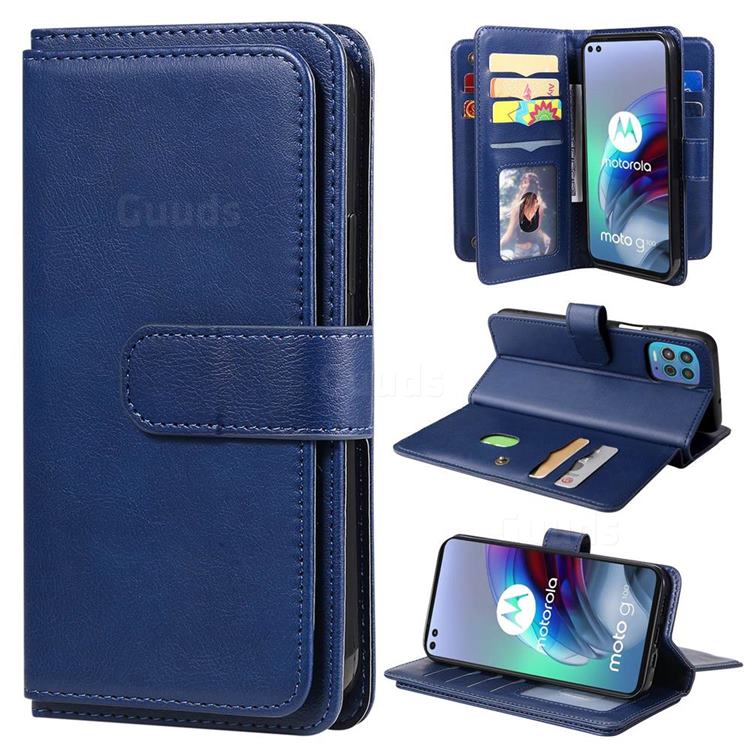 Multi-function Ten Card Slots and Photo Frame PU Leather Wallet Phone Case Cover for Motorola Moto G100 - Dark Blue