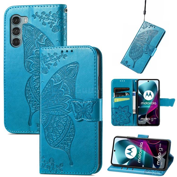 Embossing Mandala Flower Butterfly Leather Wallet Case for Motorola Moto G200 5G - Blue