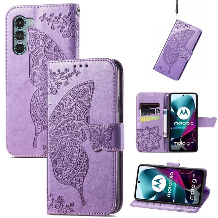 Embossing Mandala Flower Butterfly Leather Wallet Case for Motorola Moto G200 5G - Light Purple