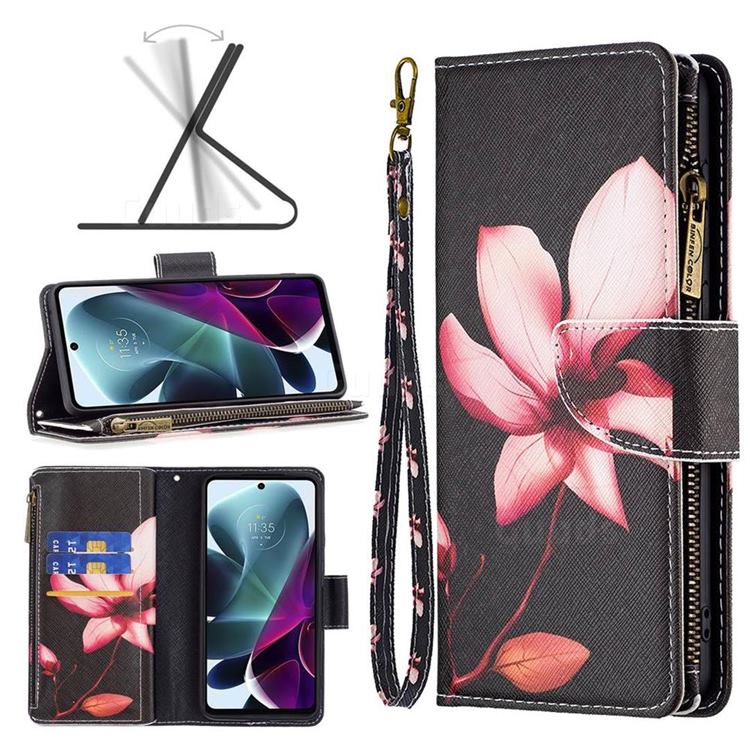 Lotus Flower Binfen Color BF03 Retro Zipper Leather Wallet Phone Case for Motorola Moto G200 5G