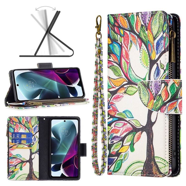 The Tree of Life Binfen Color BF03 Retro Zipper Leather Wallet Phone Case for Motorola Moto G200 5G
