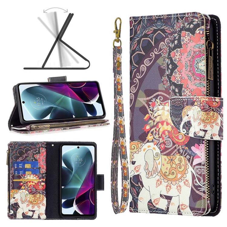 Totem Flower Elephant Binfen Color BF03 Retro Zipper Leather Wallet Phone Case for Motorola Moto G200 5G