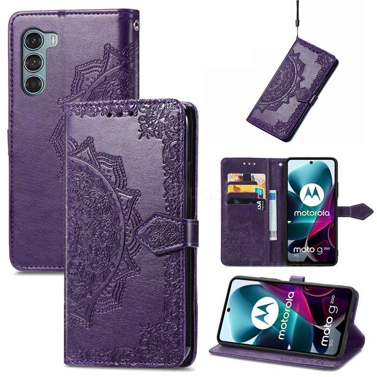 Embossing Imprint Mandala Flower Leather Wallet Case for Motorola Moto G200 5G - Purple