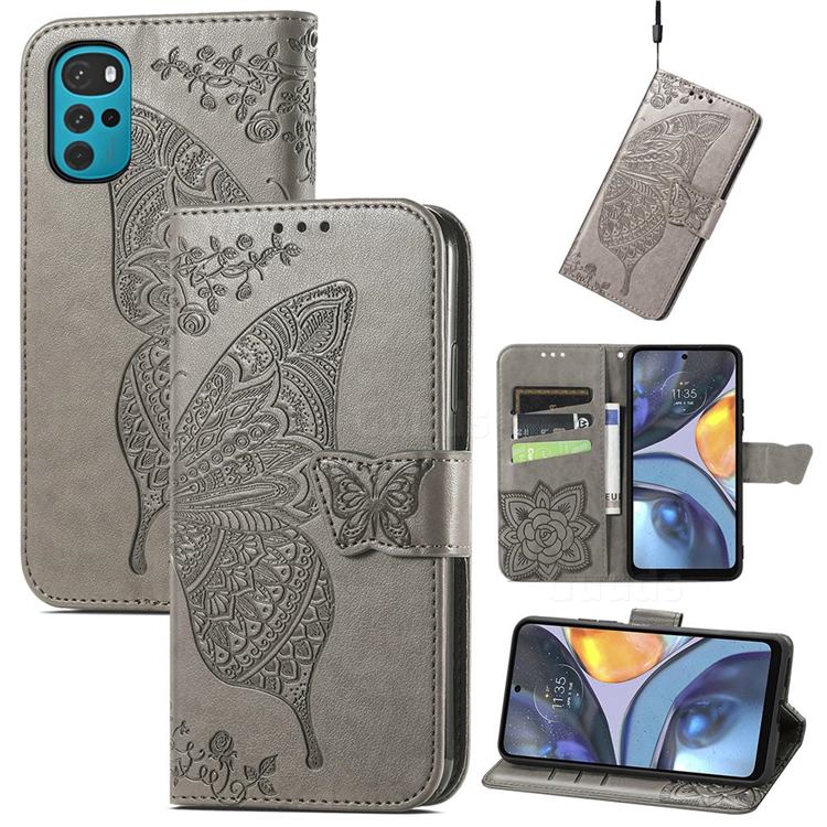 Embossing Mandala Flower Butterfly Leather Wallet Case for Motorola Moto G22 - Gray