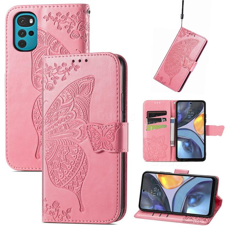 Embossing Mandala Flower Butterfly Leather Wallet Case for Motorola Moto G22 - Pink