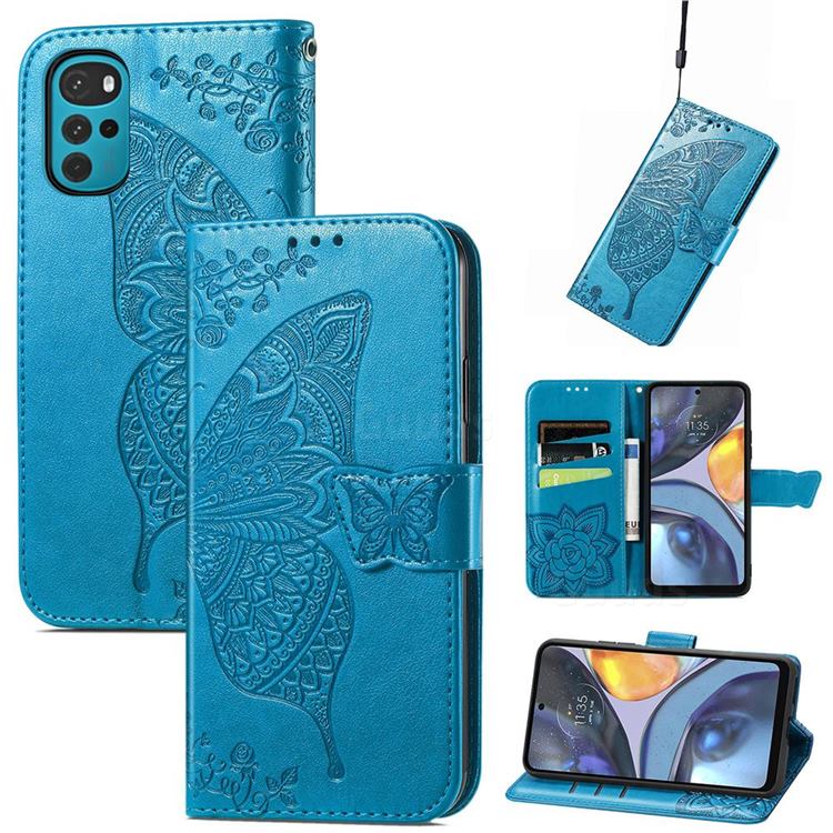 Embossing Mandala Flower Butterfly Leather Wallet Case for Motorola Moto G22 - Blue