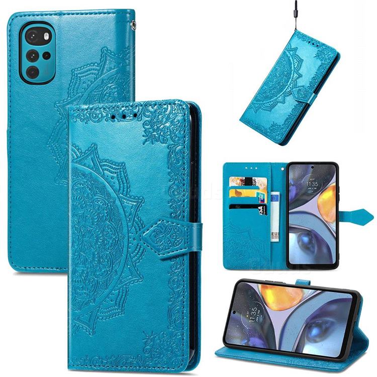 Embossing Imprint Mandala Flower Leather Wallet Case for Motorola Moto G22 - Blue