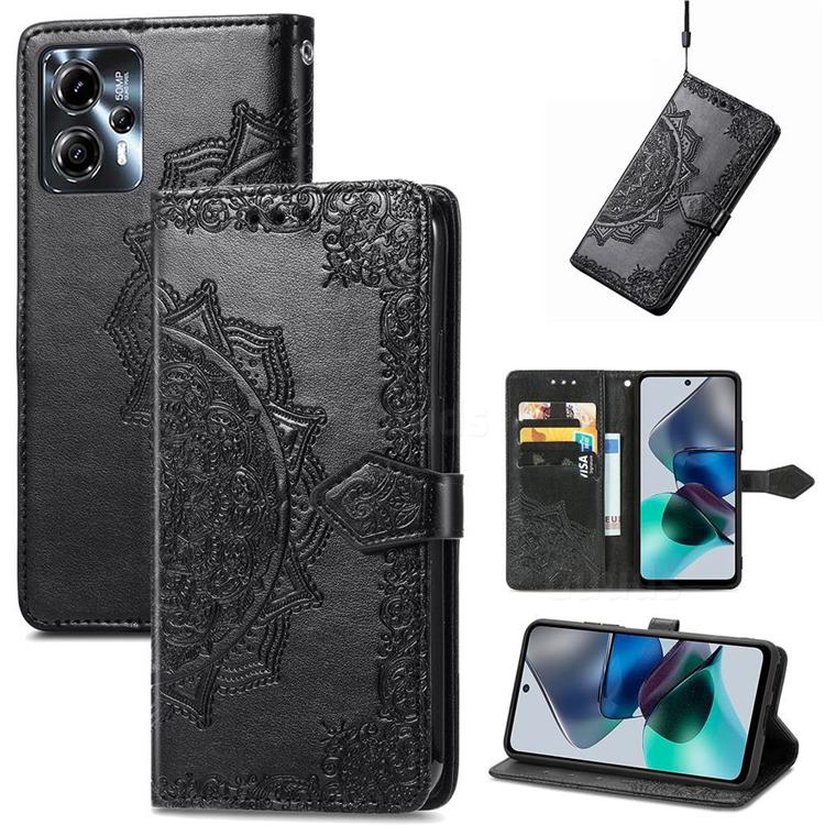 Embossing Imprint Mandala Flower Leather Wallet Case for Motorola Moto G23 - Black