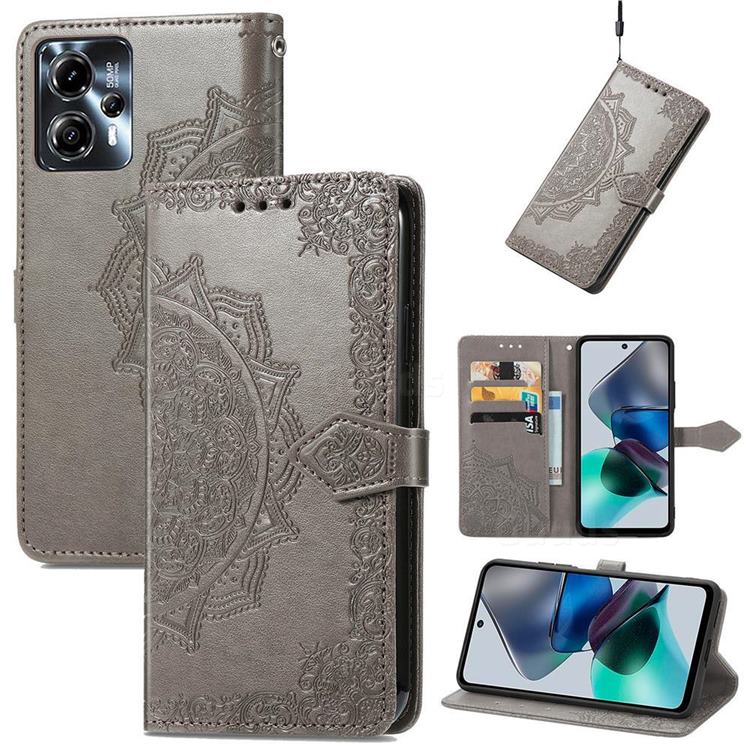 Embossing Imprint Mandala Flower Leather Wallet Case for Motorola Moto G23 - Gray