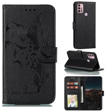 Intricate Embossing Lychee Feather Bird Leather Wallet Case for Motorola Moto G30 - Black