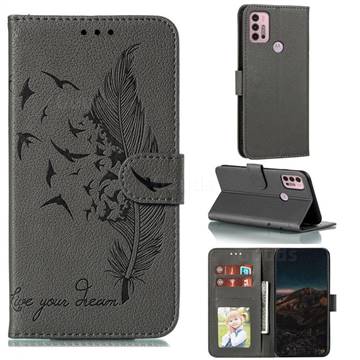 Intricate Embossing Lychee Feather Bird Leather Wallet Case for Motorola Moto G30 - Gray