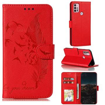 Intricate Embossing Lychee Feather Bird Leather Wallet Case for Motorola Moto G30 - Red