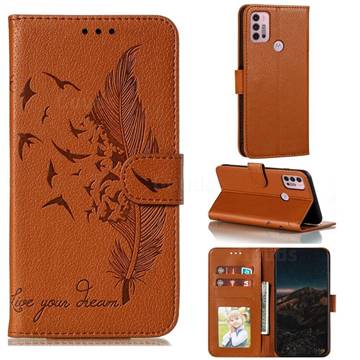 Intricate Embossing Lychee Feather Bird Leather Wallet Case for Motorola Moto G30 - Brown