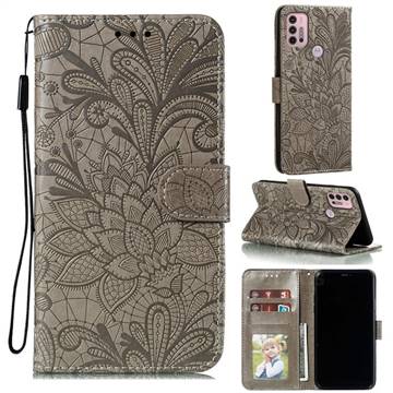 Intricate Embossing Lace Jasmine Flower Leather Wallet Case for Motorola Moto G30 - Gray