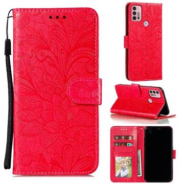 Intricate Embossing Lace Jasmine Flower Leather Wallet Case for Motorola Moto G30 - Red