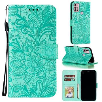 Intricate Embossing Lace Jasmine Flower Leather Wallet Case for Motorola Moto G30 - Green