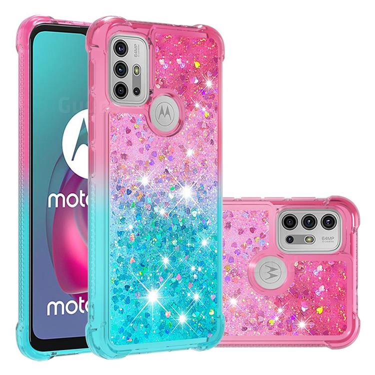 Rainbow Gradient Liquid Glitter Quicksand Sequins Phone Case for Motorola Moto G30 - Pink Blue