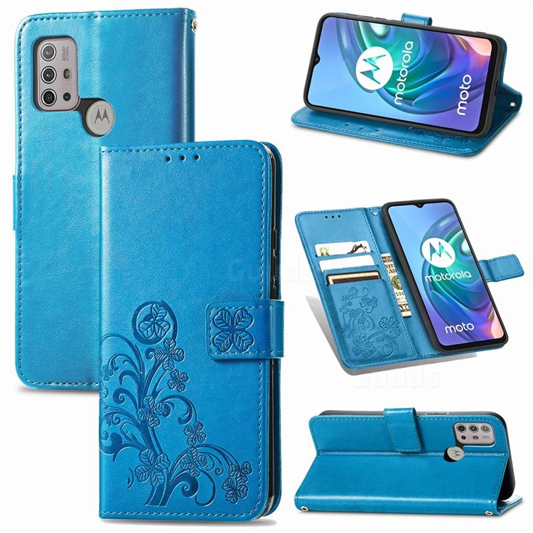 Embossing Imprint Four-Leaf Clover Leather Wallet Case for Motorola Moto G30 - Blue