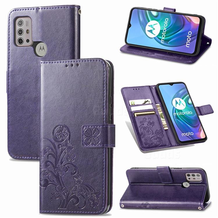Embossing Imprint Four-Leaf Clover Leather Wallet Case for Motorola Moto G30 - Purple