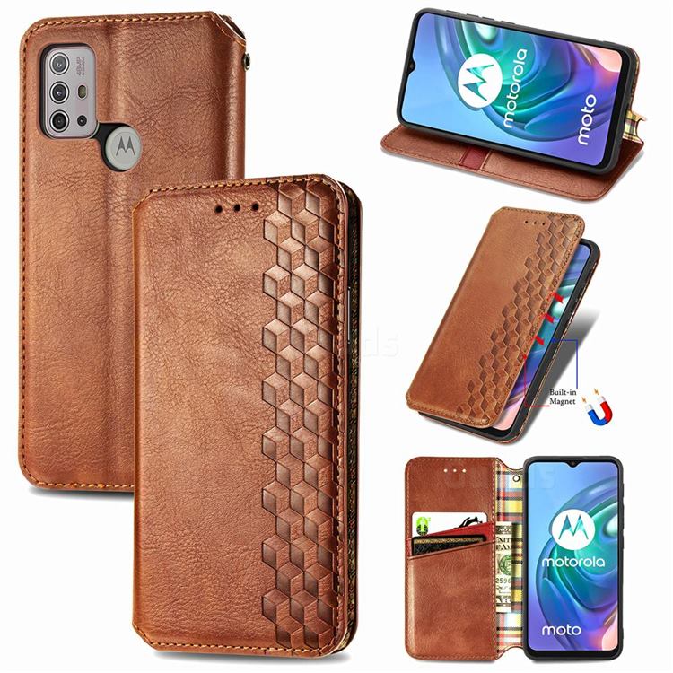 Ultra Slim Fashion Business Card Magnetic Automatic Suction Leather Flip Cover for Motorola Moto G30 - Brown