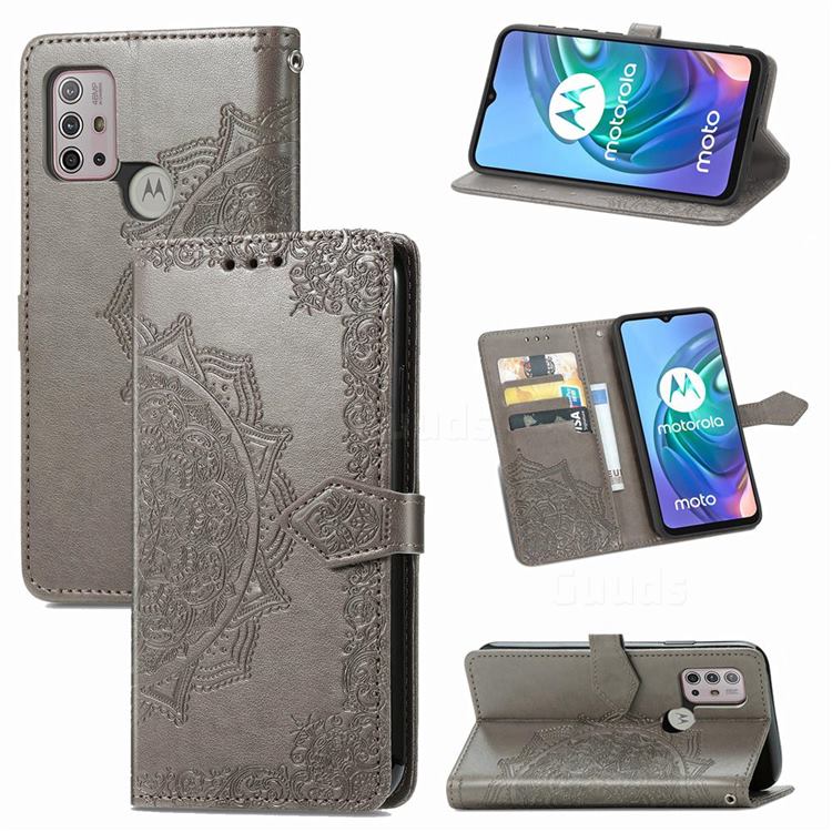 Embossing Imprint Mandala Flower Leather Wallet Case for Motorola Moto G30 - Gray
