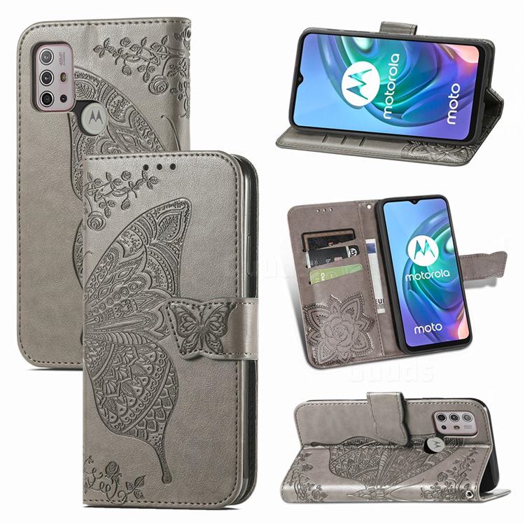 Embossing Mandala Flower Butterfly Leather Wallet Case for Motorola Moto G30 - Gray