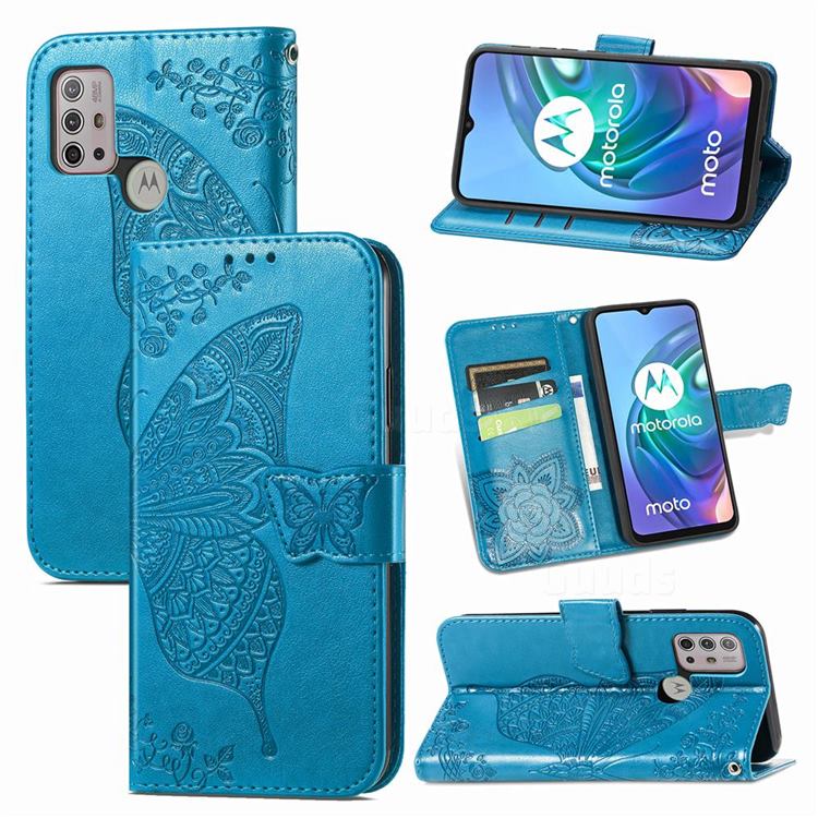 Embossing Mandala Flower Butterfly Leather Wallet Case for Motorola Moto G30 - Blue