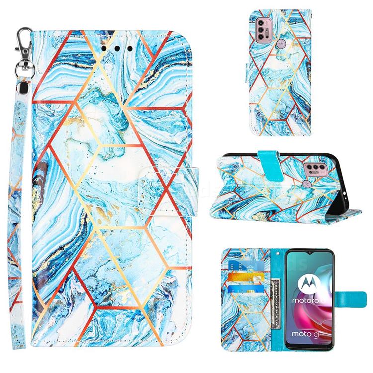 Lake Blue Stitching Color Marble Leather Wallet Case for Motorola Moto G30