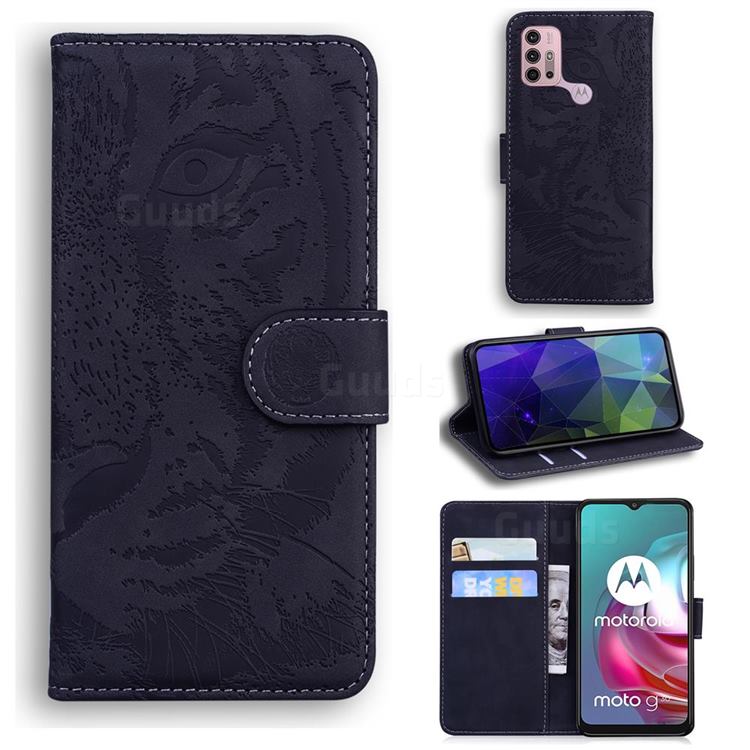 Intricate Embossing Tiger Face Leather Wallet Case for Motorola Moto G30 - Black