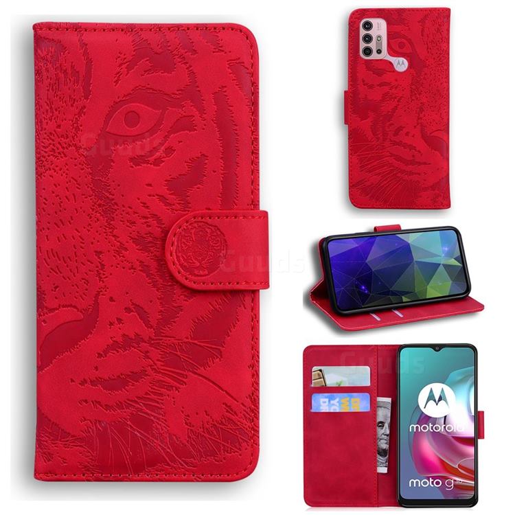 Intricate Embossing Tiger Face Leather Wallet Case for Motorola Moto G30 - Red
