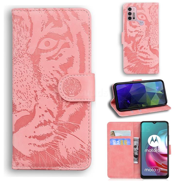 Intricate Embossing Tiger Face Leather Wallet Case for Motorola Moto G30 - Pink