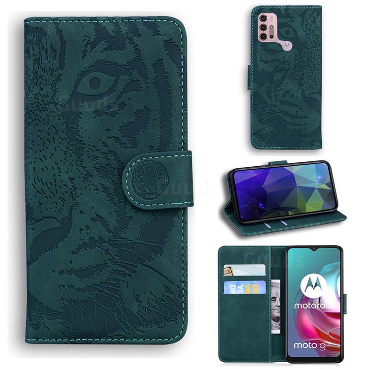 Intricate Embossing Tiger Face Leather Wallet Case for Motorola Moto G30 - Green