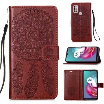 Embossing Dream Catcher Mandala Flower Leather Wallet Case for Motorola Moto G30 - Brown